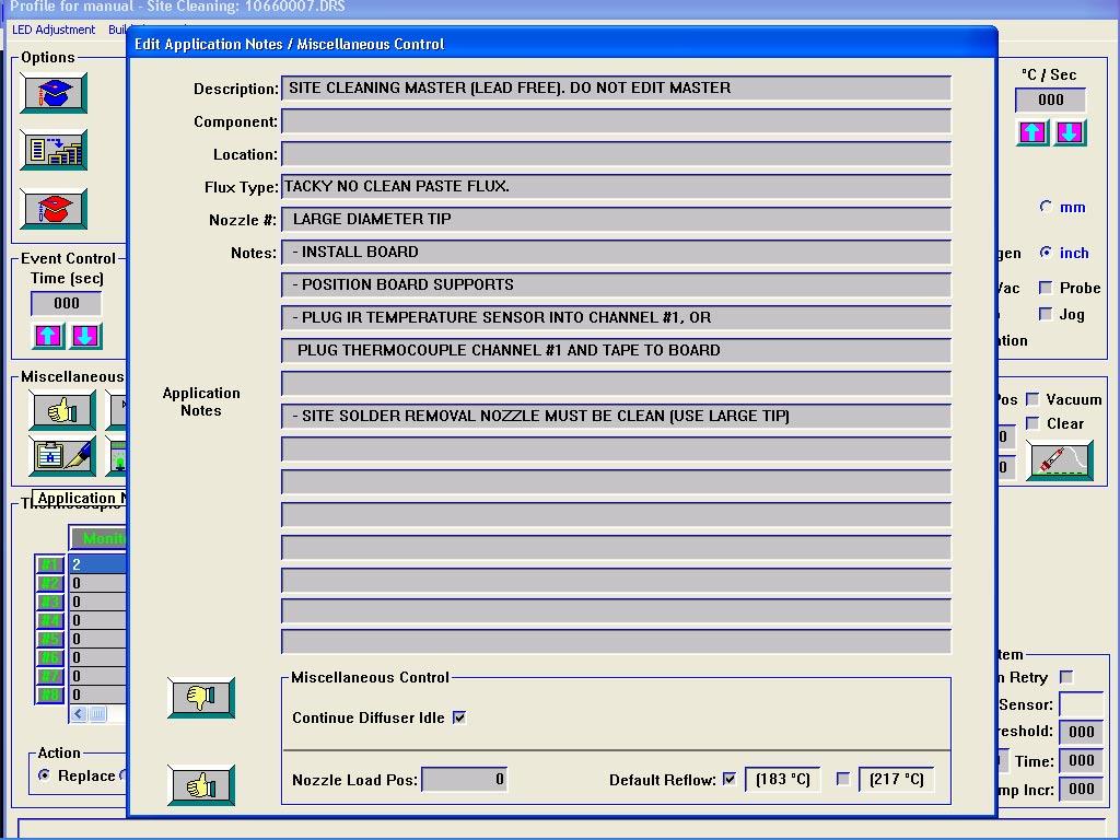6.5 Site Cleaning Application Notes Screen To change information on the Application Notes Screen go to Teach Screen Under Miscellaneous Control, click on the Applications Notes icon.