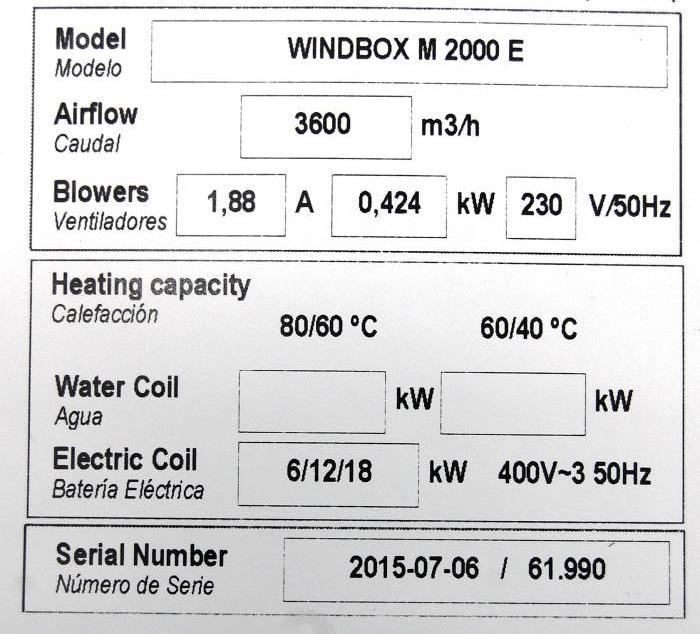 Air curtain identification Each air curtain is identified by a unique serial number printed in a label located inside the door service.