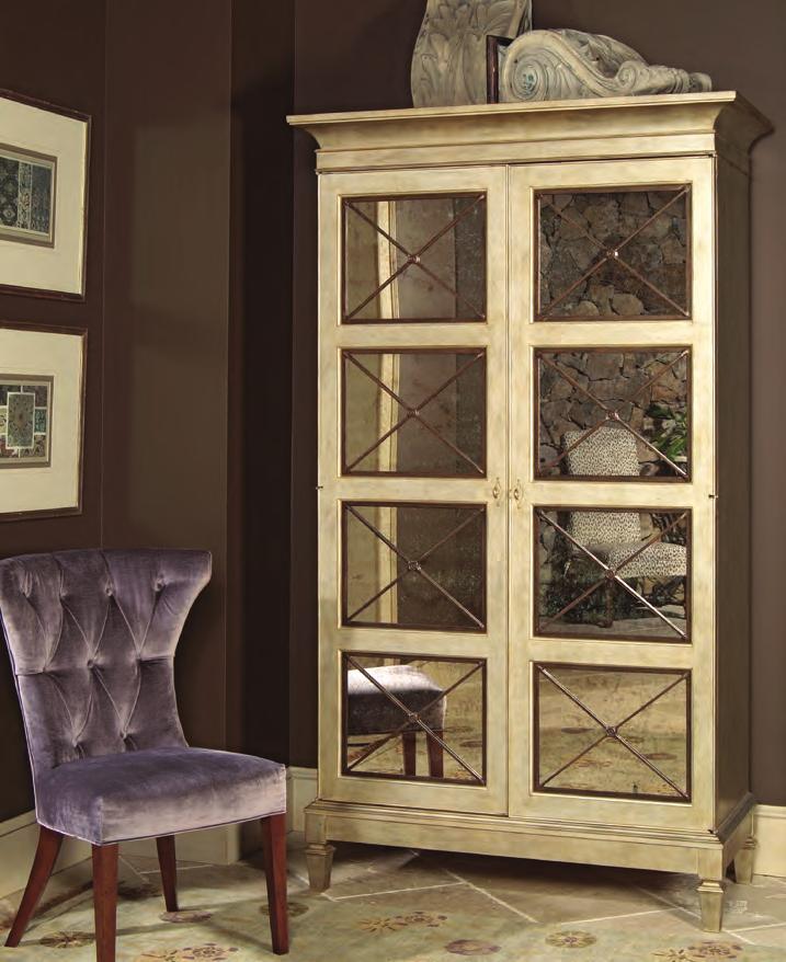 1805 St. Regis Armoire 48W 23D 84H Two 270 hinged, mirror paneled doors. Fabric panels on inside of doors. Antique Sterling Finish shown.
