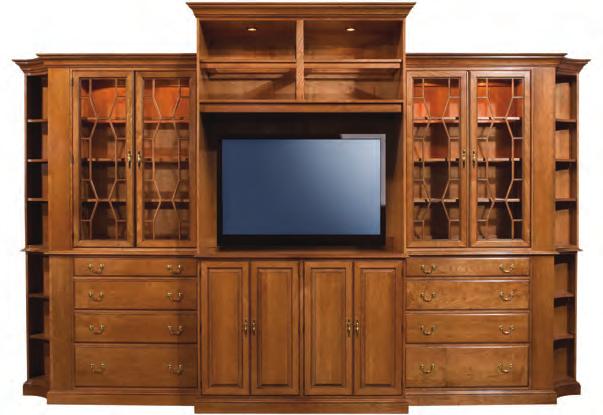 Center Section Top has - two tiers of wood framed glass shelves - overhead lighting - vented finished top - vented TV area Base has two tiers of adjustable wood shelves Custom Options available