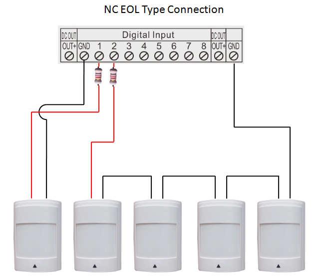 2K Resistor; b) if more than one NC detector contact to one input port, all detectors are NC type, and must be in series