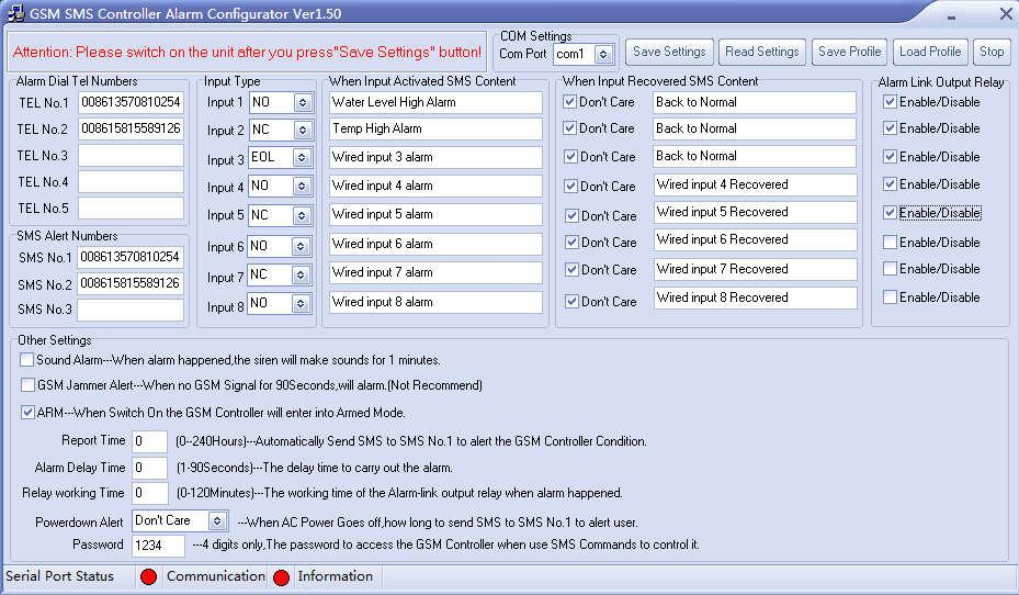 Function Table 1 Items Com Setting Save Settings Read Settings Save Profile Load Profile Stop Alarm Dial Tel.