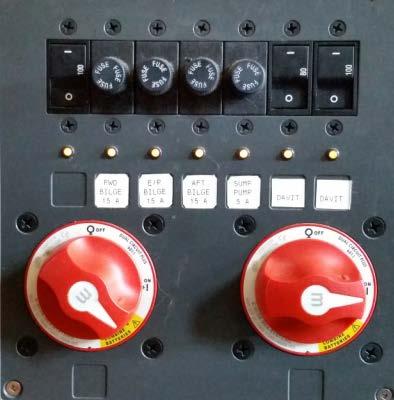 The BATTERY SWITCHES are located near floor at the lower helm. Normally, leave the START and HOUSE SWITCHES in the ON position.
