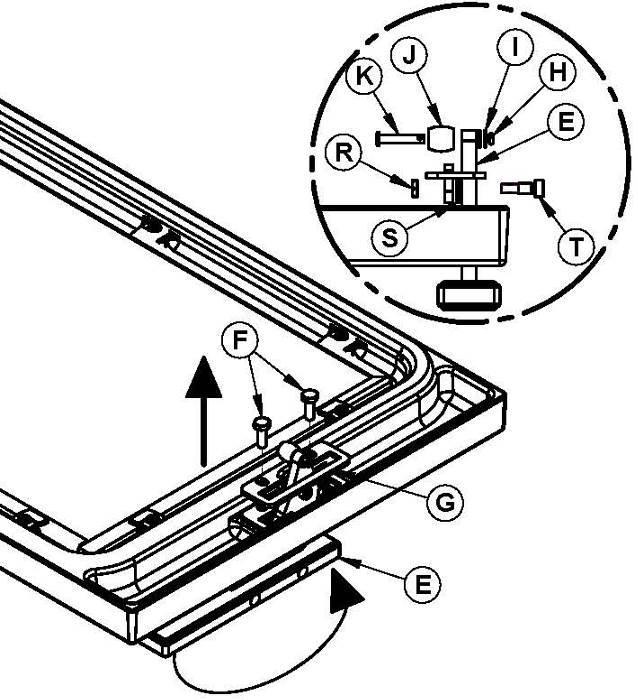 1. To reverse the door handle (E), remove the spring pin (H), the 2 washer (I), and the assembled balled latch (J) and the cylindrical pin (K). 2. Unscrew the 2 bolts (F) that holds the handle guide (G) in place.