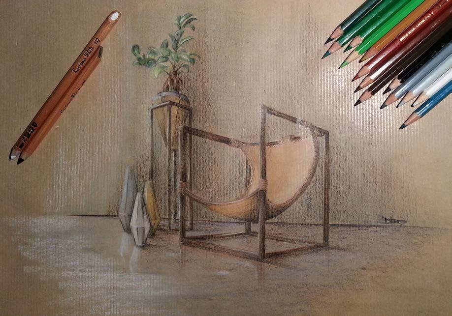 Drawing realized using colored pencils on wrapping paper to present a version of my self-production armchair with the seat produced using a