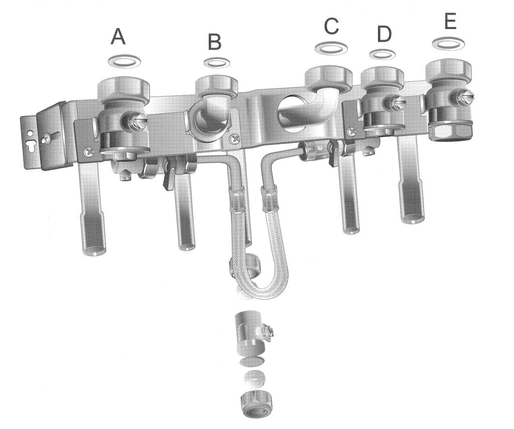 Connect the pipework to the manifold, ensuring all joints are sealed correctly. The correct pipework placement can be seen on fig 10.