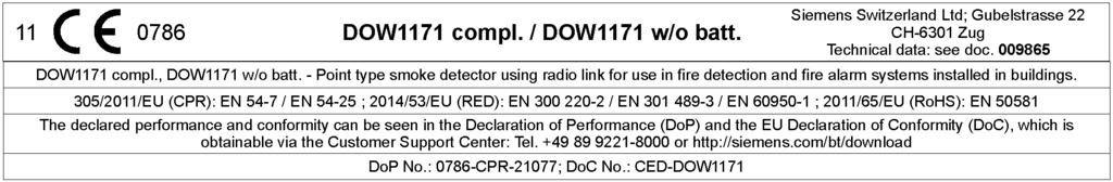 Technical data DOW1171 DCW1151 Transmitter/receiver antenna 2 (antenna diversity) 2 (antenna diversity) Radio frequency 868... 870 MHz (SRD band) 868.