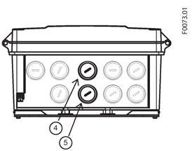 Connecting 5.4 Transmitter power supply, communications and I/Os connection 3. Remove one of the blind plugs (4 or 5) and fit cable gland. 4. Push cable through gland opening. 5. Connect the two, three or four wires to four-terminal block as shown below.