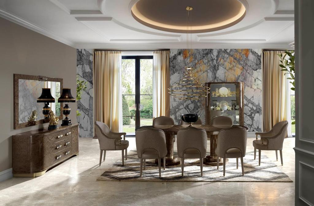 The dining room set consists of four main pieces, all of them essential to create a glam dining space at home: a