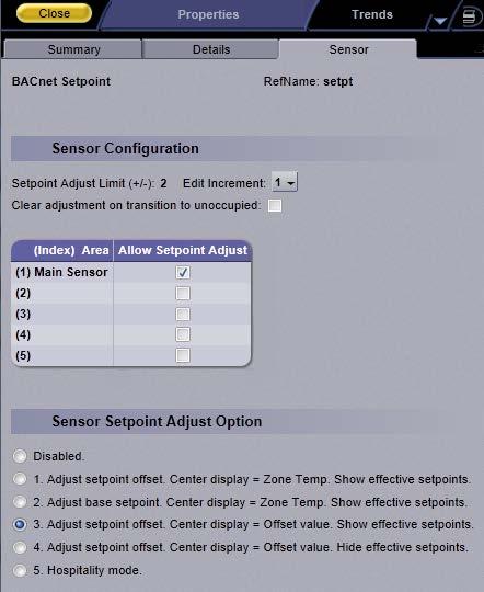 Properties popup. In the popup, select the Properties > Sensor tab to configure ZS sensors for Setpoint Adjust.