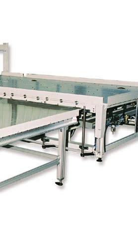 Roller width: Table dimension: Building: 1400 mm, 2600 mm 1300 x 3000 mm or 2500 x 3000 mm 2, 4, 6, 8 or 10 preparation tables Features: Roller cutting machine Transport tables with friction wheels