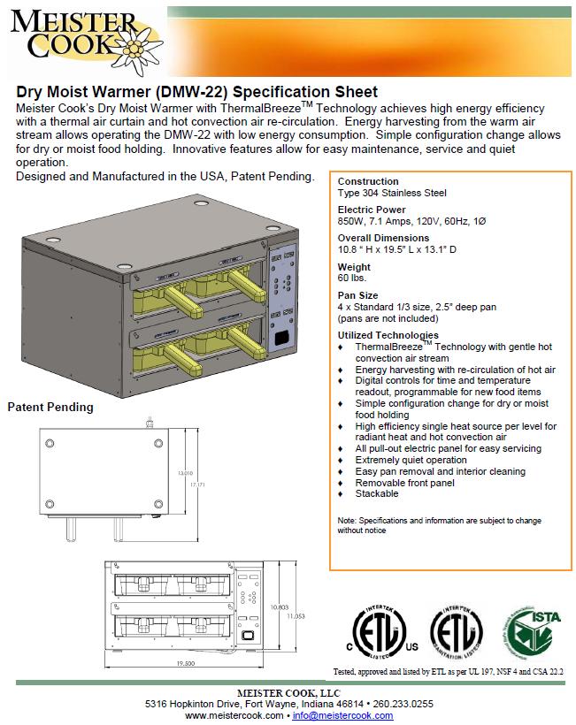 SPECIFICATIONS for DMW-22 Dry Moist