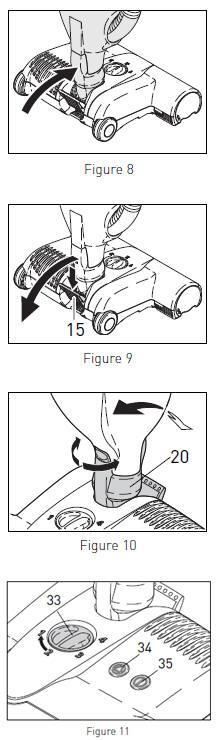 To release the ET-1 or ET-2 power head from the upright locked position, press down on the foot pedal (#15, figure 9) and lower the handle into the normal operating position.