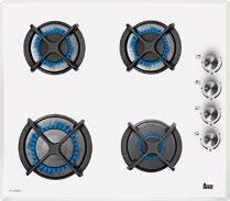 5 kw ) 6 cm gas on glass hob Individual cast iron grids Metallic looking lateral knobs 1 fast burner ( 3 kw ) 2 semi