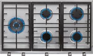 8 kw ) 3 semi fast burner (1.75 kw) 9 cm gas hob with a professional look. Metallic and glossy black looking frontal knobs High Efficiency burners.
