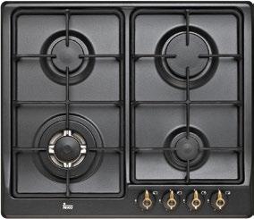 Metallic and glossy black looking frontal knobs High Efficiency burners. 4 cooking zones: 1 fast burner (2.8 kw ) 2 semi fast burner (1.