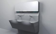 2-096 Surgical scrub sink unit wall mounted scrub sink unit with accessories paper towels, brushes, disinfectant and soap dispensers come flush behind the mirror or art panel, which makes