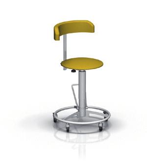 diameter of the seat: 350 mm gas spring supported height adjustment by hand lever three arm base with castors diameter 50 mm, two of them with brakes permissible load: 135 kg round seat covered of