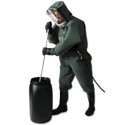 suit PionAir, Butyl, head lay out: AS airhood AG, air supply: airline filter unit AFU, closing: backentry-step in closing, gloves: nitrilrubber (tricotrile), boots: sealed on PVC safety boots, Sizes;