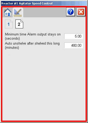 Engineering Tab Page 2 Minimum time alarm output is on. Time until alarm is auto-unshelved.