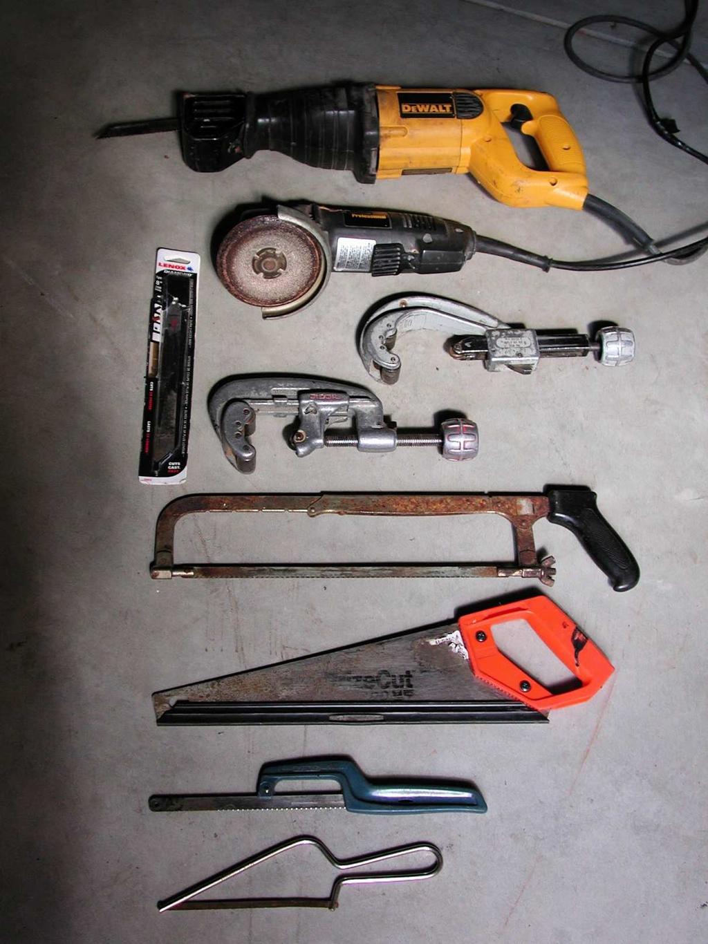 cutting into the drain sawzall ABS/PVC: tubing cutter (wheel for plastic), sawzall, handsaw grinder plastic tubing cutter galvanized: sawzall, hacksaw DWV tubing cutter