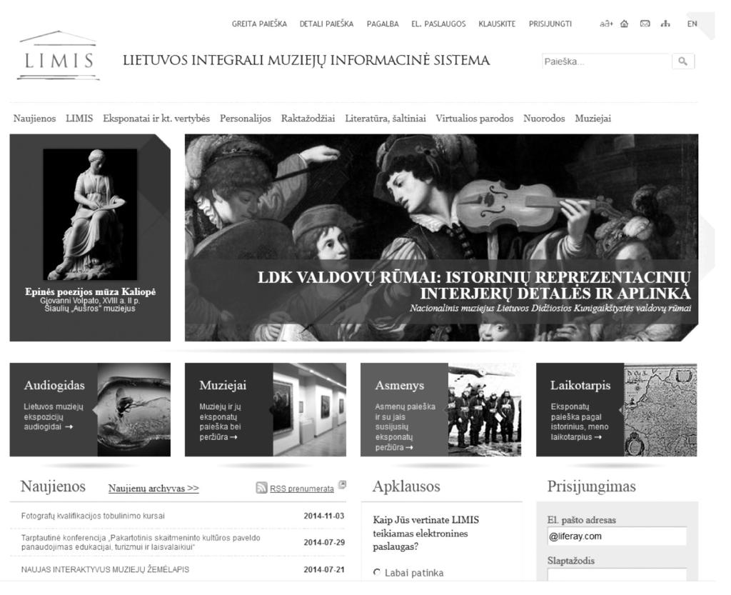 Lietuvos integrali muziejų informacinė sistema (LIMIS) 1 iliustracija. Sukurtos Sistemos pagrindinė viešoji prieiga internete LIMIS portalas www.limis.lt.