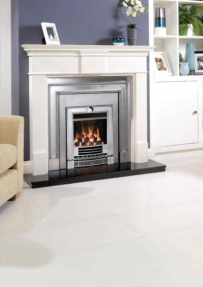 E-Box Balanced Flue fire with coal fuel bed in Polished Winchester complete front. Also shown: Pembroke mantel and Belgravia Cast Iron Inset from Stovax.