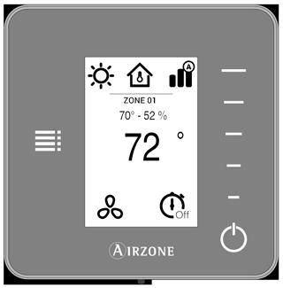 Wired Thermostat Color graphic interface with capacitive touch screen for controlling zones in DZK systems. Finished in steel and glass. Powered by DZK Control Board. Wall mounted.