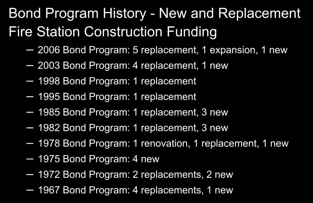 Background (continued) 5 Bond Program History - New and Replacement Fire Station Construction Funding 2006 Bond Program: 5 replacement, 1 expansion, 1 new 2003 Bond Program: 4 replacement, 1 new 1998