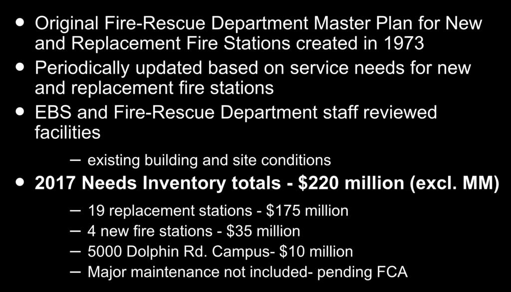 Background (continued) Original Fire-Rescue Department Master Plan for New and Replacement Fire Stations created in 1973 Periodically updated based on service needs for new and replacement fire
