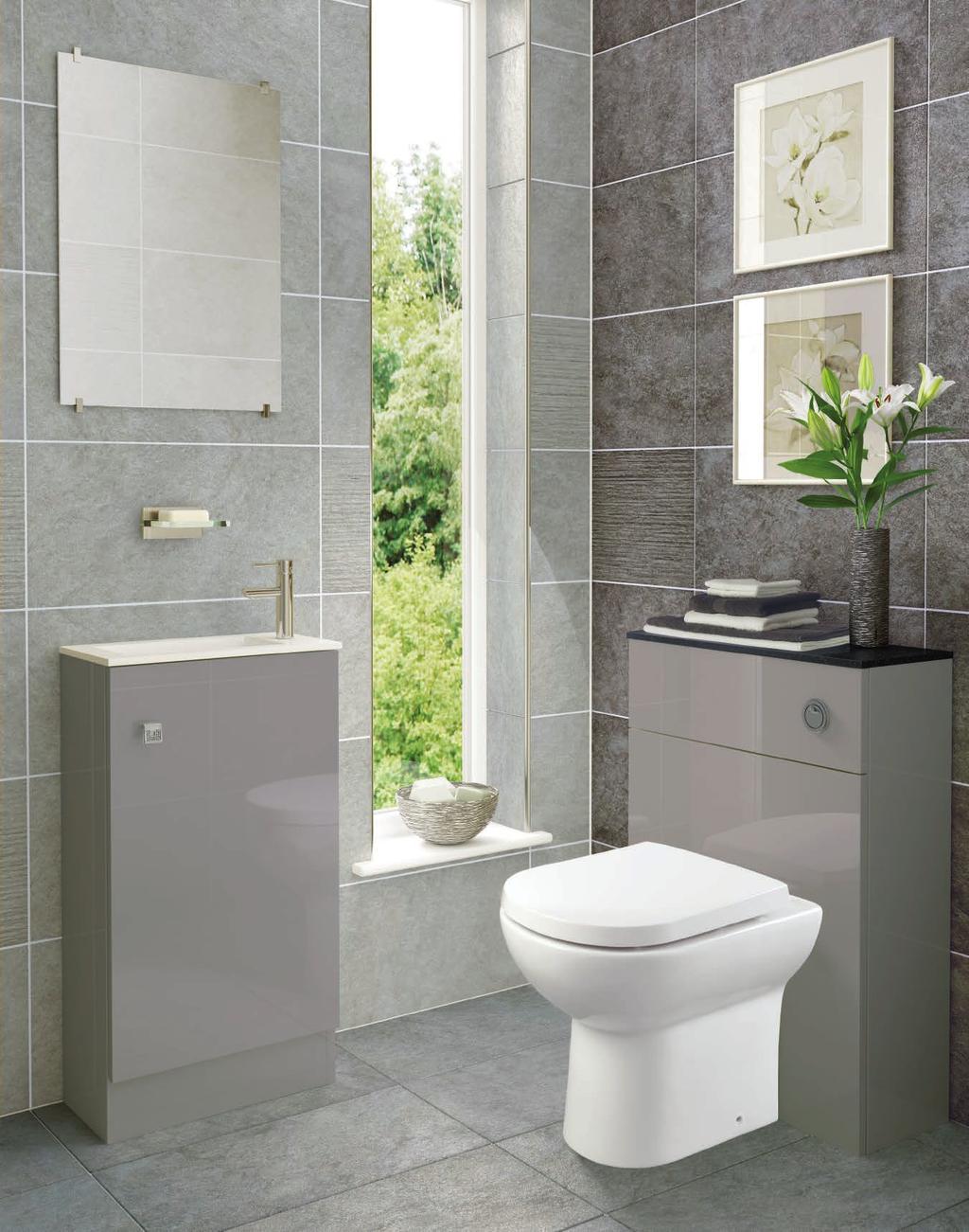 image gloss grey mist A 450mm wide floor mounted Mini Cloakroom unit is shown in