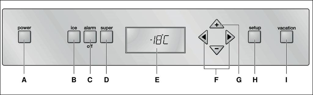 Controls A B C D E F On/Off button Serves to switch the whole appliance on and off. Ice maker button Serves to switch the ice maker on and off, see chapter Ice maker.