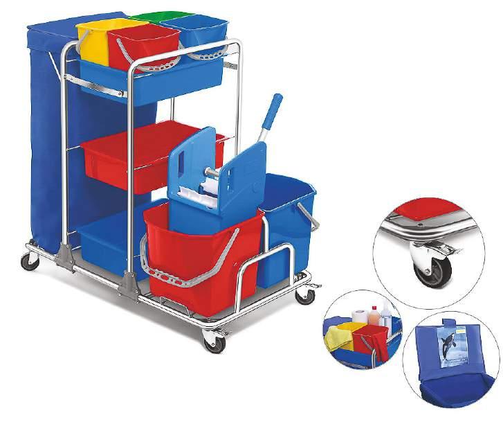 CHROMIUM DOUBLE BUCKET FLOOR CLEANING CART 120 It waste bag canvas container 2 pieces 25 it blue and red bucket 1 pieces plastic mop