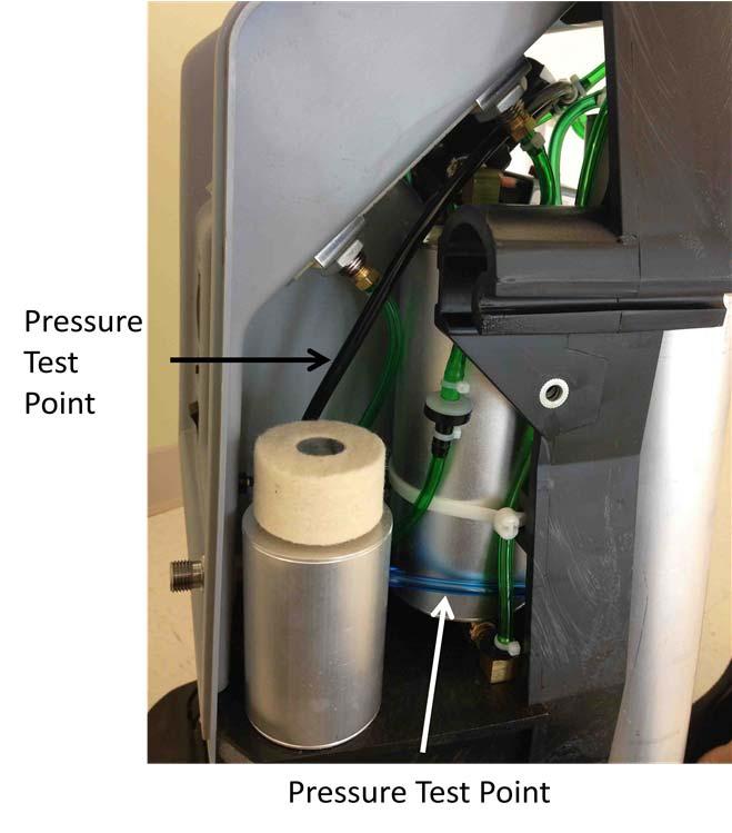 Page 9 of 19 e. Locate blue pressure tubing (near black pressure tubing) a. Remove tie from end of tubing b. Connect pressure gauge to blue tube c. Turn machine on and allow to run for 5 minutes i.