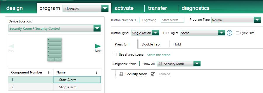 Figure 7: Start Security Sequence (Phantom Control Shown) 12. Select the button which will deactivate the security mode and set the type to single action. Label it Stop Alarm.