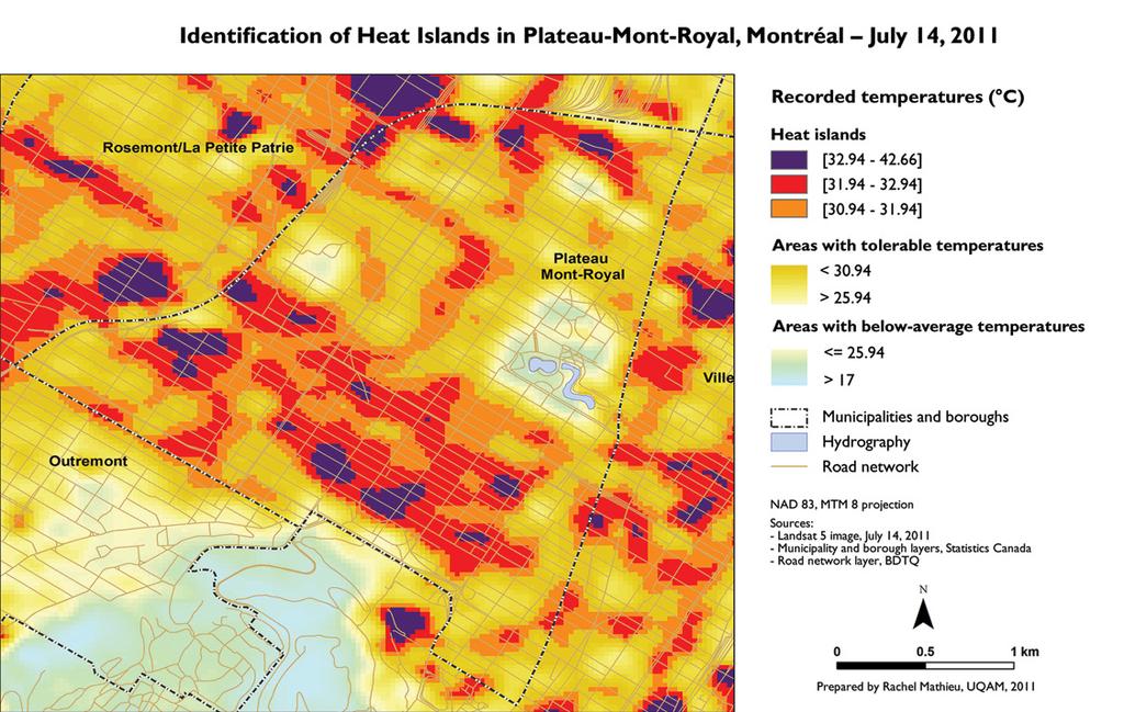Figure 3 Thermal picture of the Montréal CMA on July 14, 2011 (Source: Landsat 5, band 6). In the case of the city of Toronto, 74% of the area is in the tolerable range (>26.22 o C and < 31.