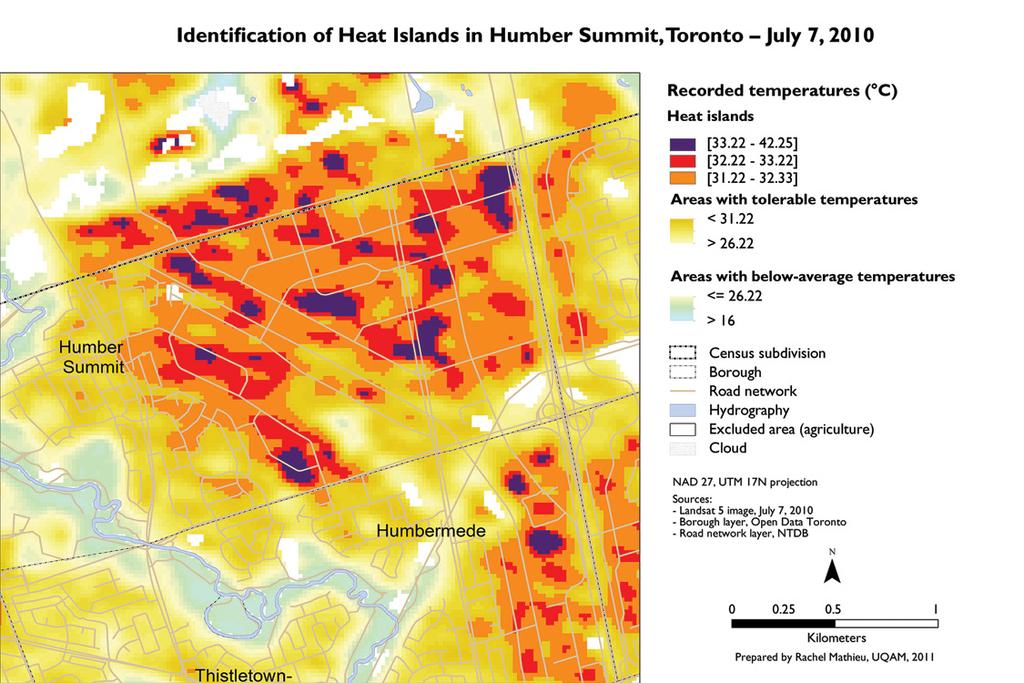 Figure 5 Thermal picture of the Humber Summit sector (Source: Landsat 5, band 6). More than one quarter of the Toronto CMA has little vegetation (figure 6). Meanwhile, 54% has heavy vegetative cover.