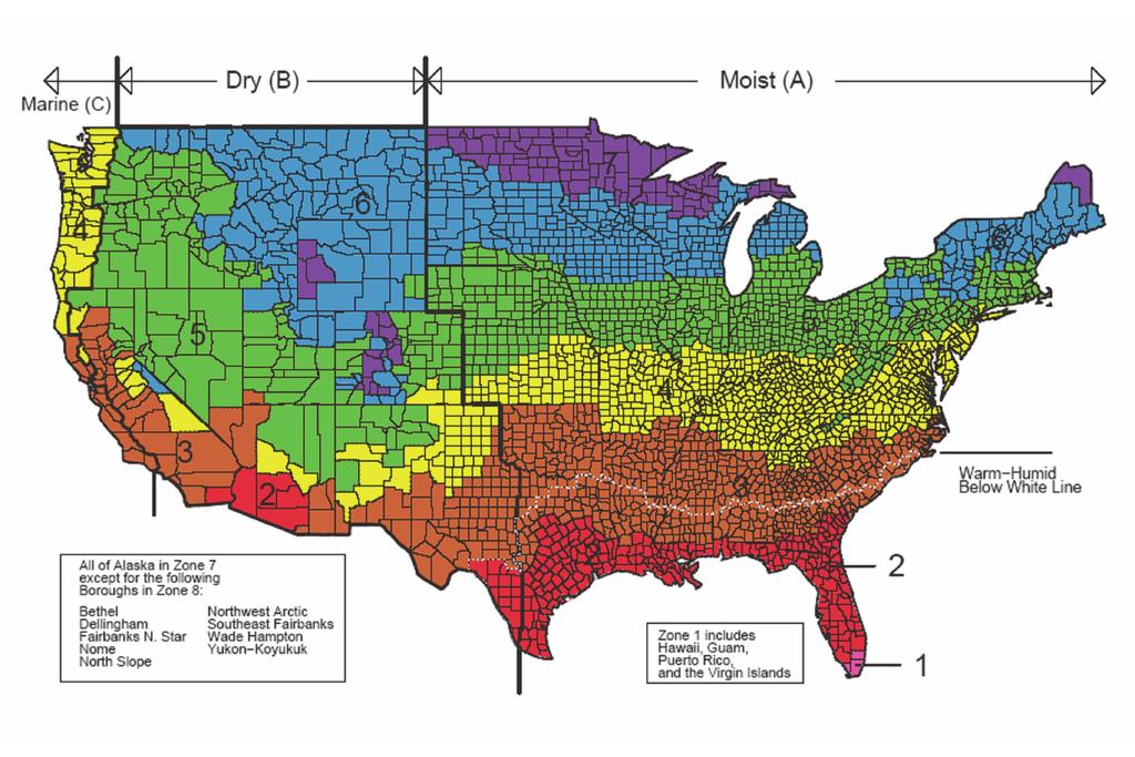 Figure 9.1 Climate zones for U.S. locations (ASHRAE Transactions, 109(1), Briggs et al., 2003). ASHRAE (www.ashrae.org).