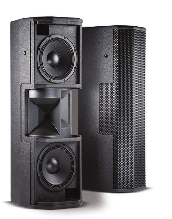 speaker systems are mounted and splayed to achieve wider horizontal coverage.