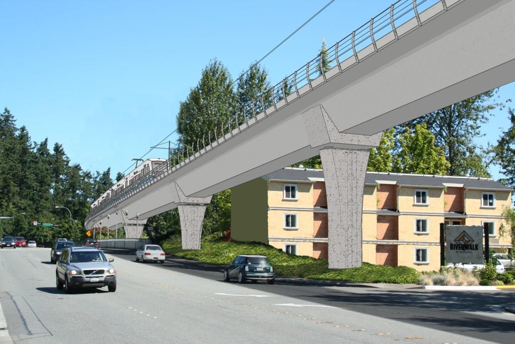 the Leary Way Bridge over the Sammamish River, the RiverWalk Condominiums, and the entry