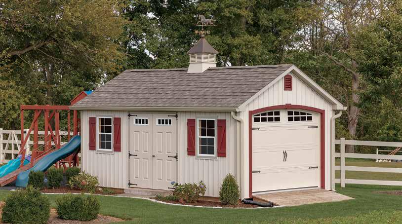 Batten Siding, Copper Top Cupola with Running Horse Weather Vane, Carriage Style Garage Doors, 6'
