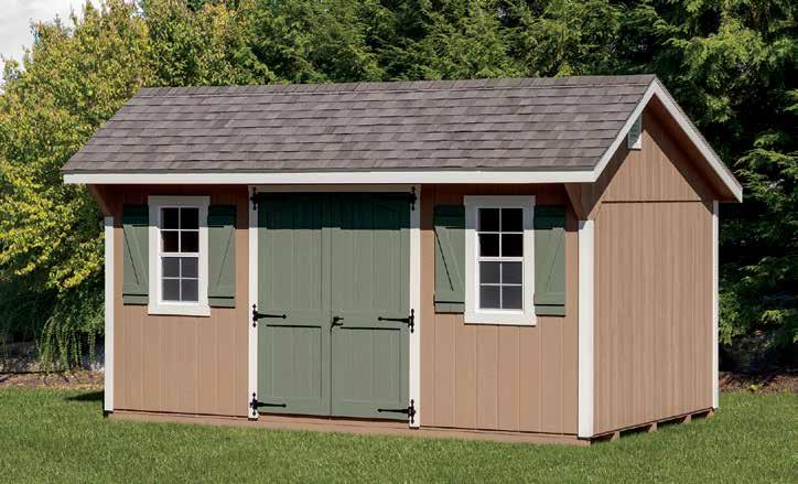 Garden Style Quaker STANDARD GARDEN STYLE PACKAGE 8" gable overhangs and 6" on sides 2½" garden trim around windows Garden hinges and cape roof