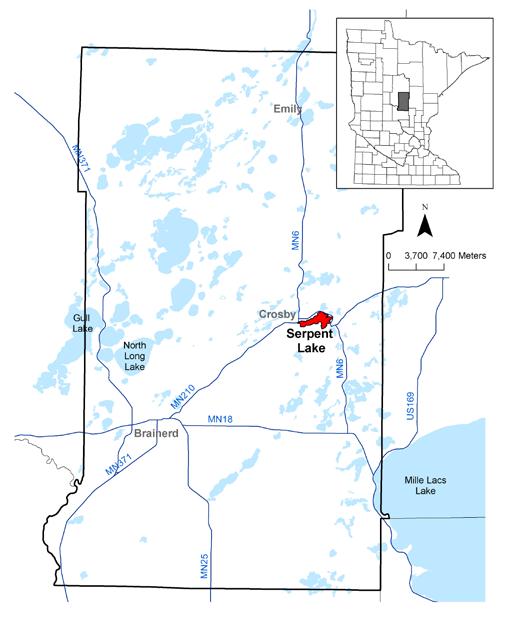 Introduction Serpent Lake is located in Crow Wing County, north central Minnesota (Figure 1). The lake is the 12 th largest in the county with a surface area of 1,103 acres.