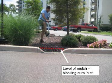 MODERATE Slight displacement occurring. Replace mulch and/or add ground cover. SEVERE Level of mulch is blocking curb inlet.