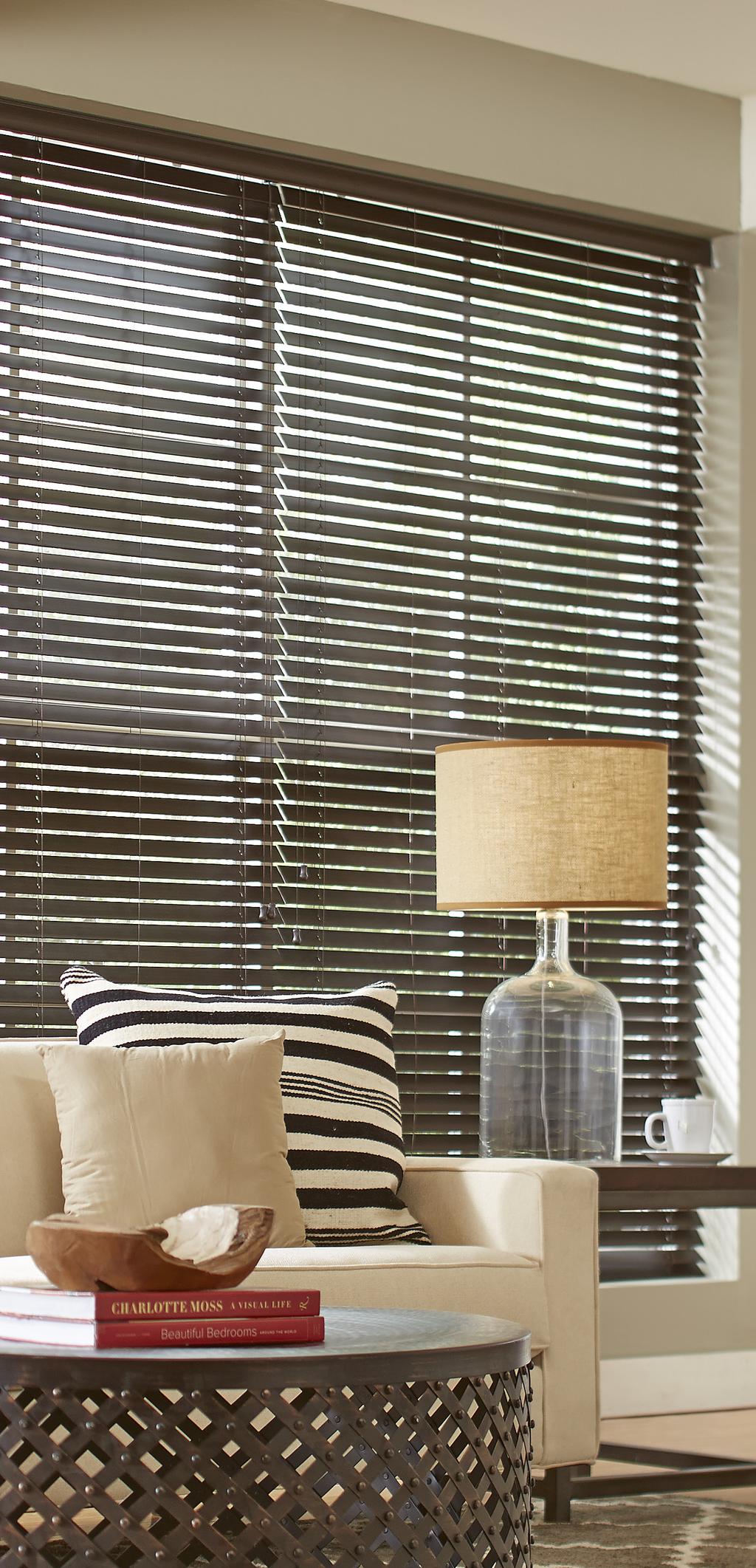 2½-inch Premium Faux Wood Blinds Direct Ship Privacy slats prevent light from filtering through when closed 2½" wide slats allow greater views Smooth operating tilt cord light control Wood grain