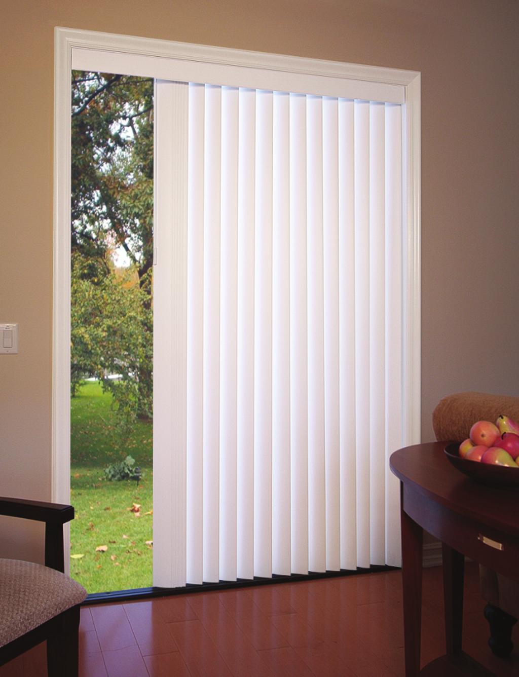 3½-inch Vertical Blinds With Reversible Metal Headrail Room-darkening louvers offer privacy & BENEFITS: &FEATURES light control Complete child-safe product Self-aligning louver rotation system Direct
