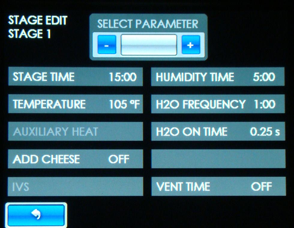 3. Touch the stage you want to edit (STAGE 1). Figure: Stage Edit Selection Screen Touch the parameter you want to change (Stage Time, Temperature, etc.). Adjust the value using the and buttons and save your changes by pressing the button.