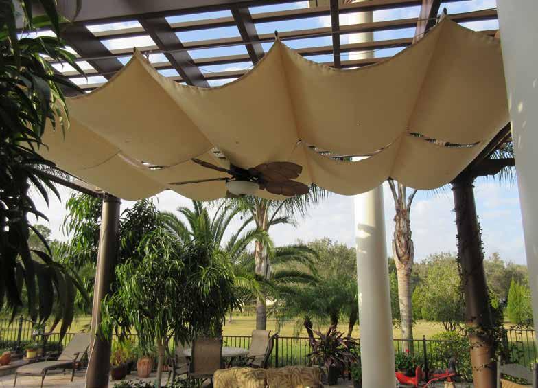 Fabric Shade Solutions RETRACTABLE PERGOLA COVERS Billowed Sunbrella canvas or open mesh shade fabric Uniform and controlled billow lengths Fabric concealed aluminum cross supports Gore Tenara