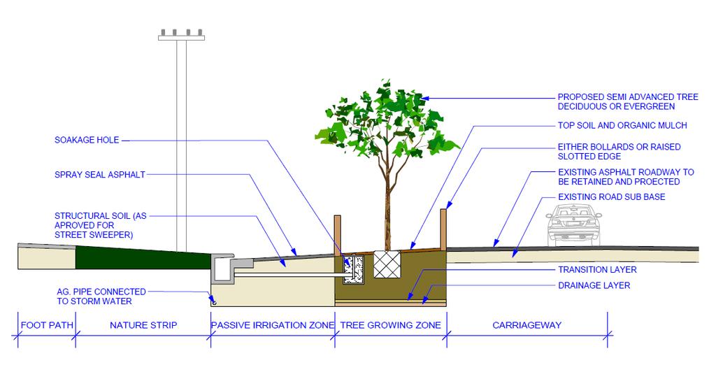 Green-Blue proposal Stormwater channelled from kerb into infiltration well within expanded soil area EXPANDED