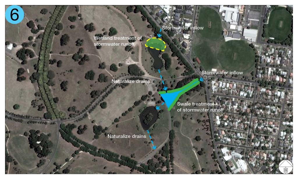 Green-Blue proposal Wetland treatment and stormwater harvesting for oval irrigation Stormwater treatment through wetland and swale, providing a 96% reduction in suspended solids from catchment Flood